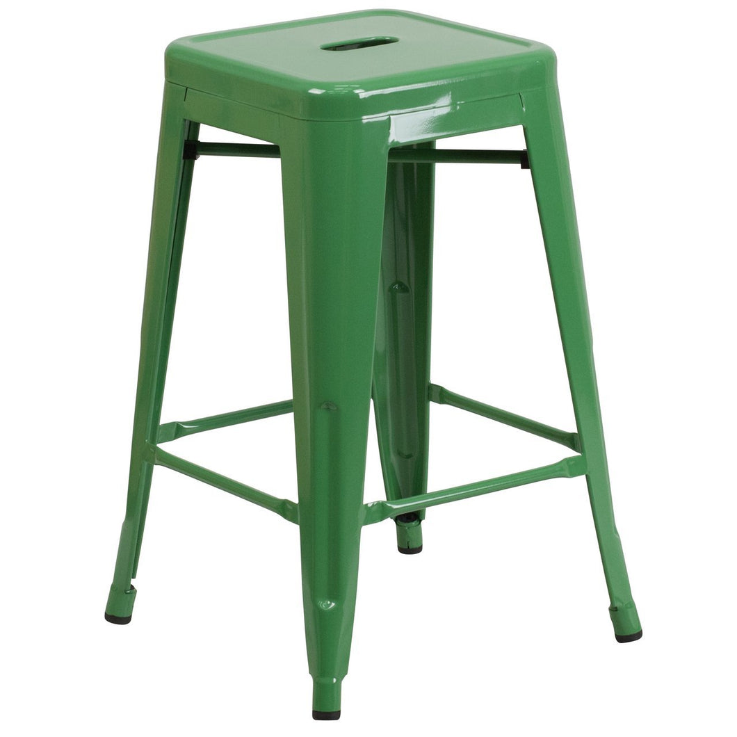 24'' High Backless Green Metal Indoor-Outdoor Counter Height Stool with Square Seat