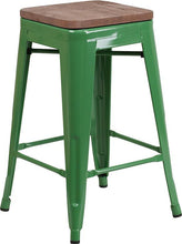 Load image into Gallery viewer, 24&quot; High Backless Green Metal Counter Height Stool with Square Wood Seat