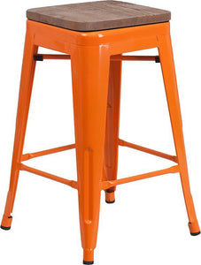 24" High Backless Orange Metal Counter Height Stool with Square Wood Seat