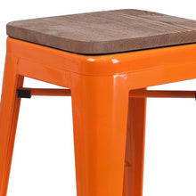 Load image into Gallery viewer, 24&quot; High Backless Orange Metal Counter Height Stool with Square Wood Seat