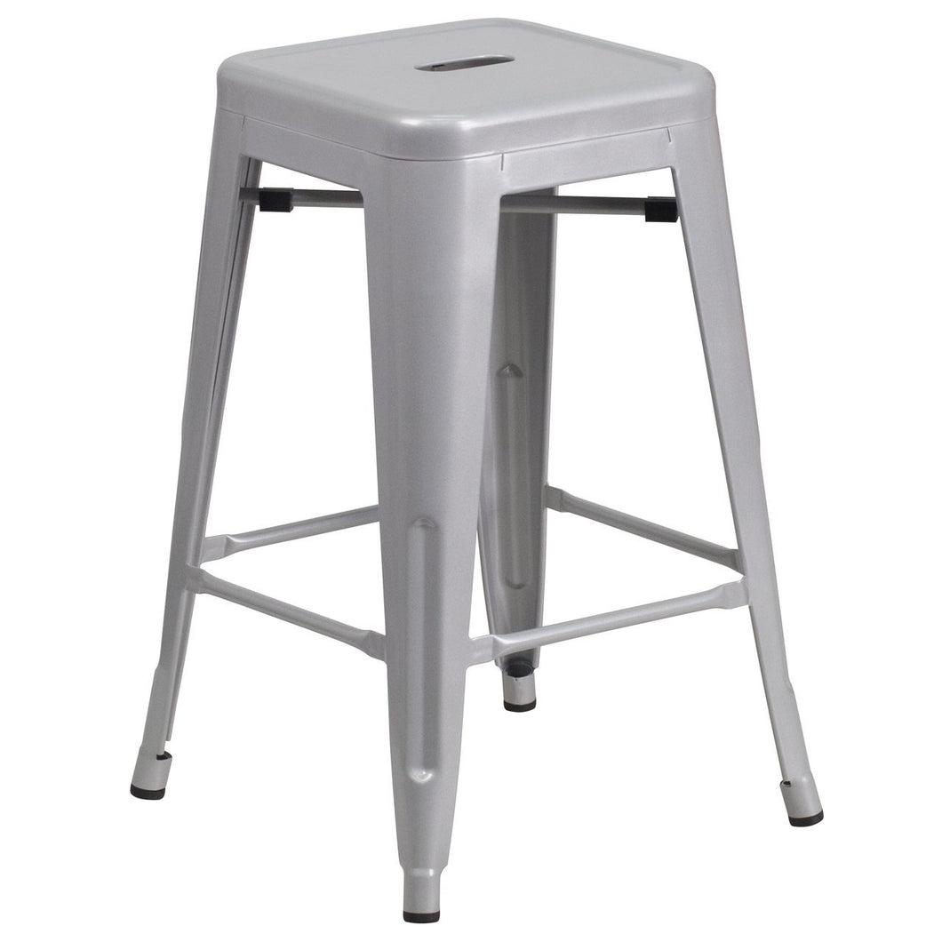 24'' High Backless Silver Metal Indoor-Outdoor Counter Height Stool with Square Seat
