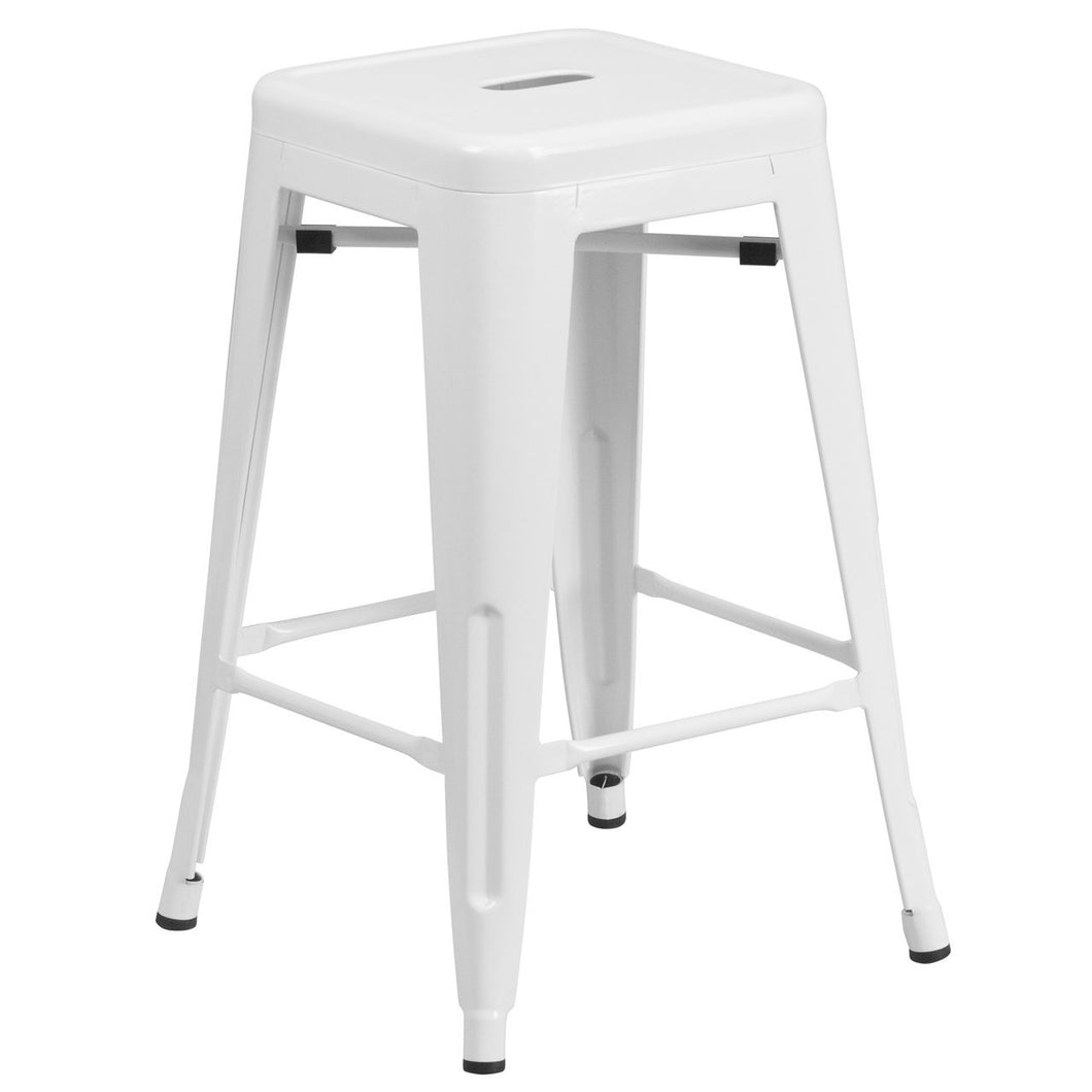 24'' High Backless White Metal Indoor-Outdoor Counter Height Stool with Square Seat