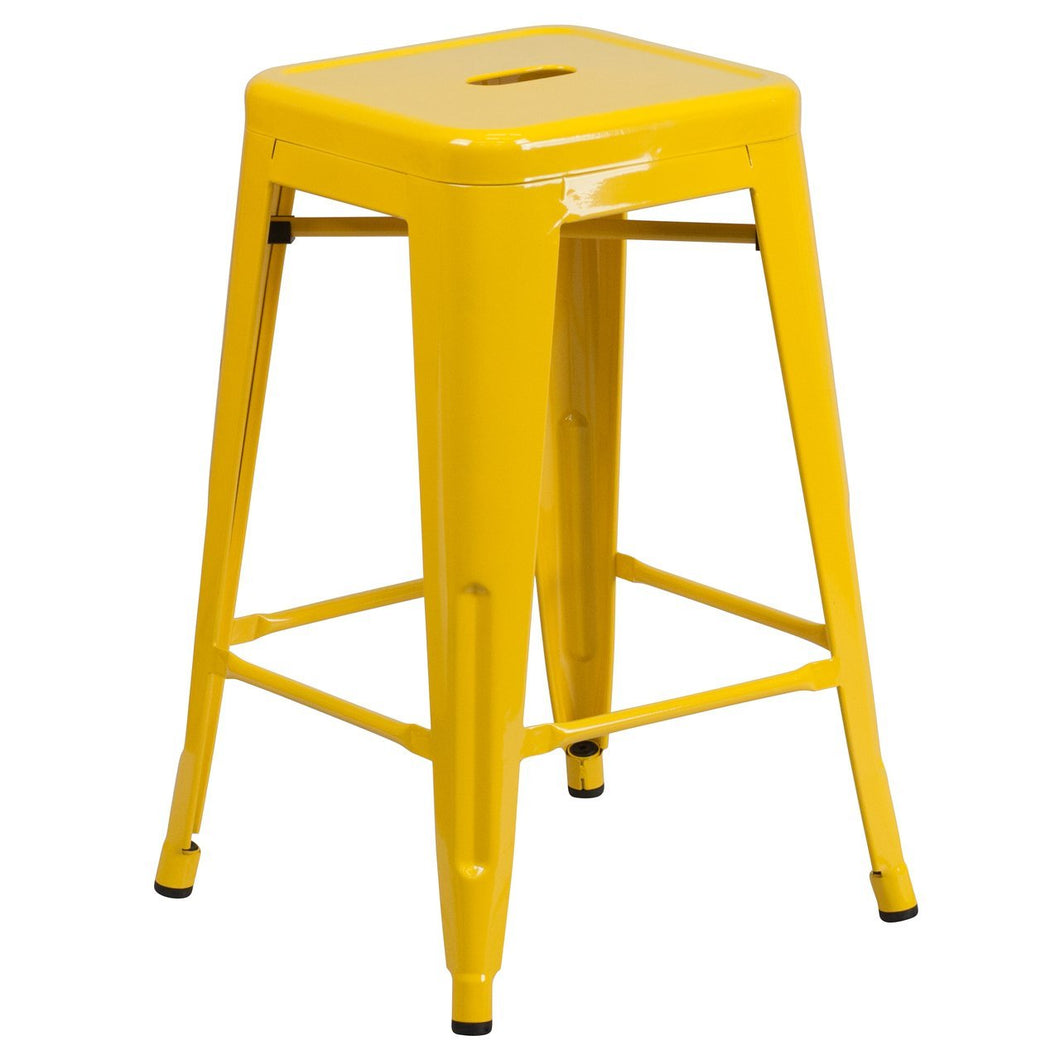 24'' High Backless Yellow Metal Indoor-Outdoor Counter Height Stool with Square Seat