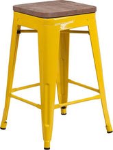 Load image into Gallery viewer, 24&quot; High Backless Yellow Metal Counter Height Stool with Square Wood Seat