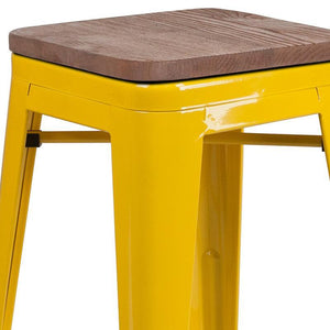 24" High Backless Yellow Metal Counter Height Stool with Square Wood Seat