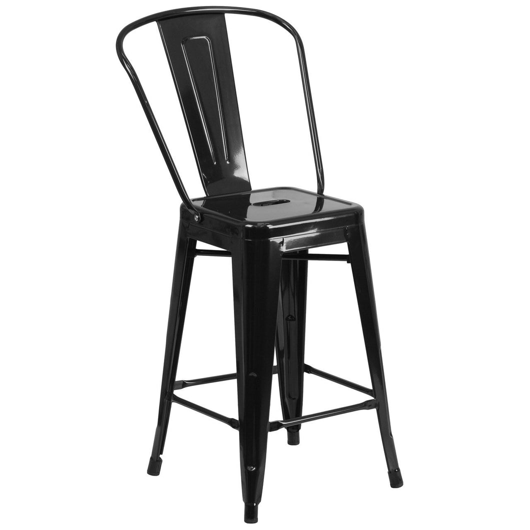 24'' High Black Metal Indoor-Outdoor Counter Height Stool with Back