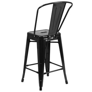 24'' High Black Metal Indoor-Outdoor Counter Height Stool with Back
