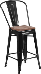 24" High Black Metal Counter Height Stool with Back and Wood Seat