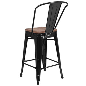 24" High Black Metal Counter Height Stool with Back and Wood Seat