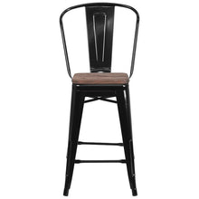 Load image into Gallery viewer, 24&quot; High Black Metal Counter Height Stool with Back and Wood Seat