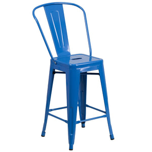 24'' High Blue Metal Indoor-Outdoor Counter Height Stool with Back
