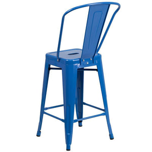 24'' High Blue Metal Indoor-Outdoor Counter Height Stool with Back