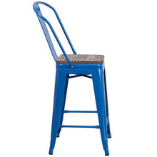 Load image into Gallery viewer, 24&quot; High Blue Metal Counter Height Stool with Back and Wood Seat