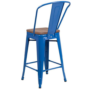 24" High Blue Metal Counter Height Stool with Back and Wood Seat