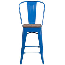 Load image into Gallery viewer, 24&quot; High Blue Metal Counter Height Stool with Back and Wood Seat