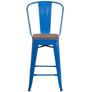 24" High Blue Metal Counter Height Stool with Back and Wood Seat