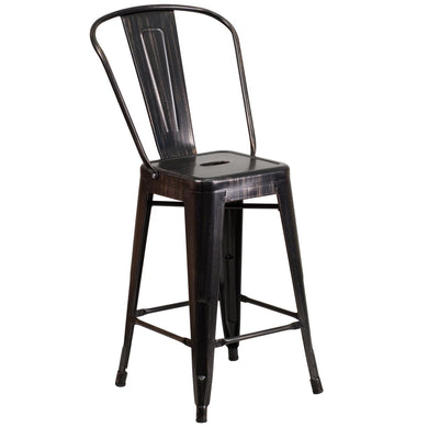 24'' High Black-Antique Gold Metal Indoor-Outdoor Counter Height Stool with Back