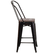 Load image into Gallery viewer, 24&quot; High Black-Antique Gold Metal Counter Height Stool with Back and Wood Seat