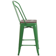Load image into Gallery viewer, 24&quot; High Green Metal Counter Height Stool with Back and Wood Seat