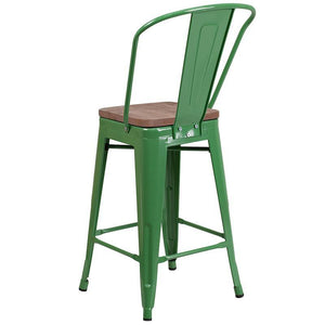 24" High Green Metal Counter Height Stool with Back and Wood Seat