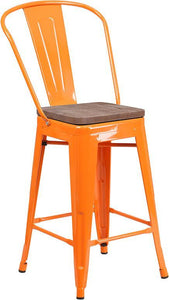 24" High Orange Metal Counter Height Stool with Back and Wood Seat