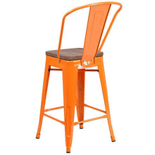 Load image into Gallery viewer, 24&quot; High Orange Metal Counter Height Stool with Back and Wood Seat