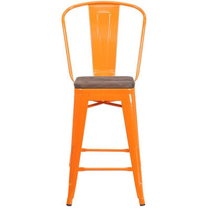 24" High Orange Metal Counter Height Stool with Back and Wood Seat