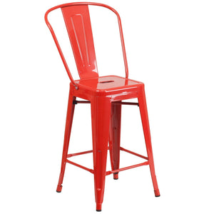 24'' High Red Metal Indoor-Outdoor Counter Height Stool with Back