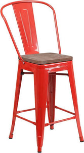 24" High Red Metal Counter Height Stool with Back and Wood Seat