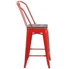 Load image into Gallery viewer, 24&quot; High Red Metal Counter Height Stool with Back and Wood Seat