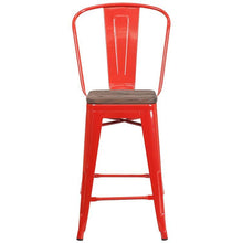 Load image into Gallery viewer, 24&quot; High Red Metal Counter Height Stool with Back and Wood Seat