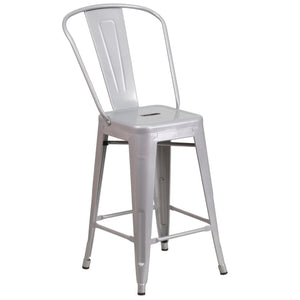 24'' High Silver Metal Indoor-Outdoor Counter Height Stool with Back