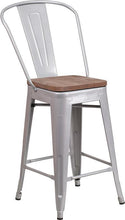 Load image into Gallery viewer, 24&quot; High Silver Metal Counter Height Stool with Back and Wood Seat