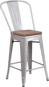 24" High Silver Metal Counter Height Stool with Back and Wood Seat
