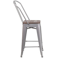 Load image into Gallery viewer, 24&quot; High Silver Metal Counter Height Stool with Back and Wood Seat