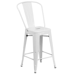 24'' High White Metal Indoor-Outdoor Counter Height Stool with Back
