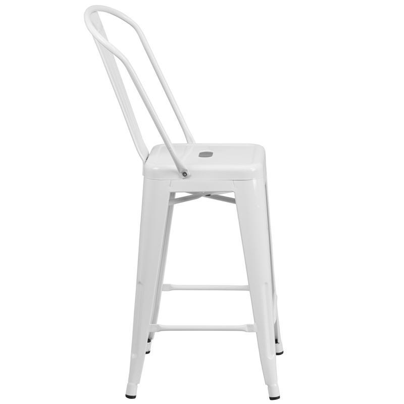 24'' High White Metal Indoor-Outdoor Counter Height Stool with Back