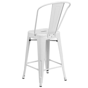 24'' High White Metal Indoor-Outdoor Counter Height Stool with Back