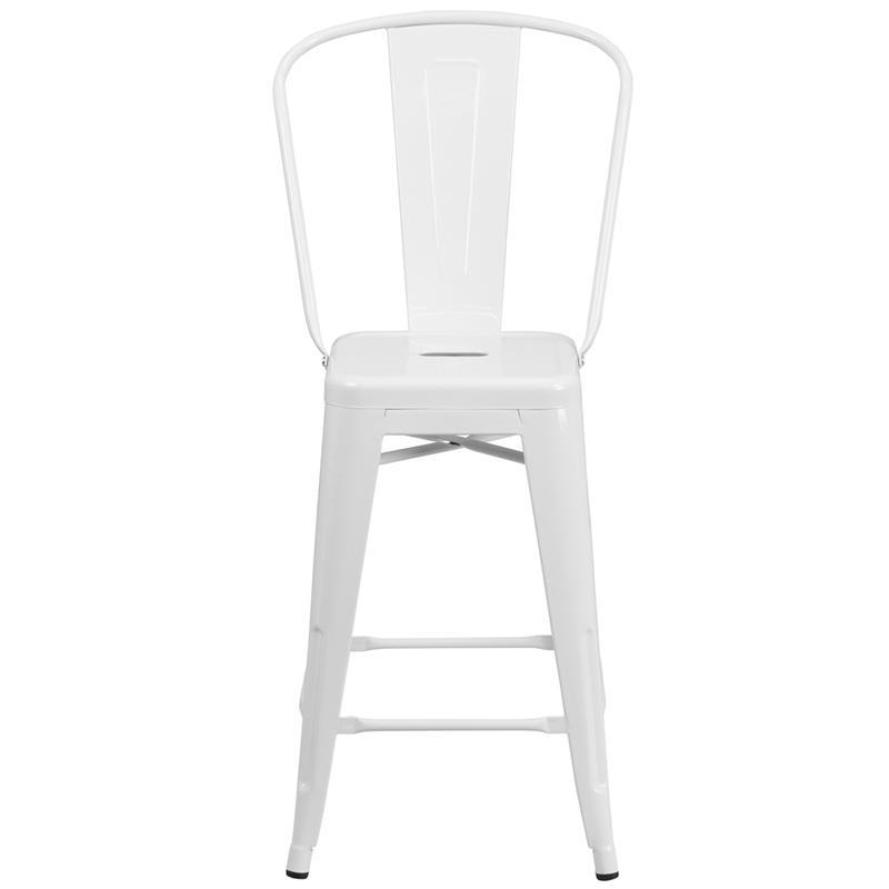 24'' High White Metal Indoor-Outdoor Counter Height Stool with Back