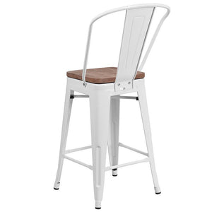 24" High White Metal Counter Height Stool with Back and Wood Seat