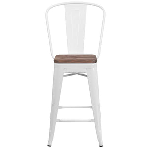 24" High White Metal Counter Height Stool with Back and Wood Seat