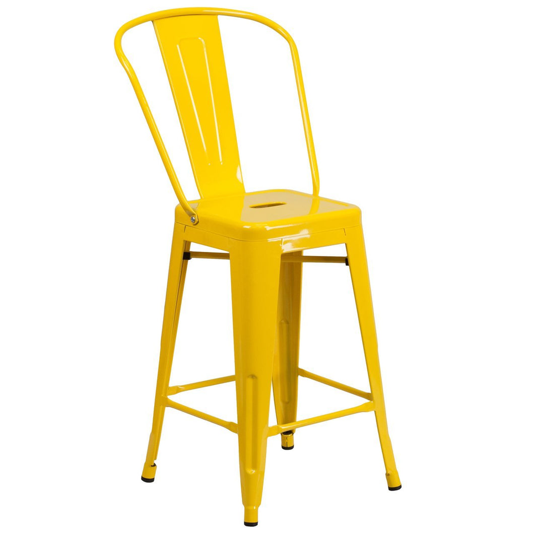 24'' High Yellow Metal Indoor-Outdoor Counter Height Stool with Back