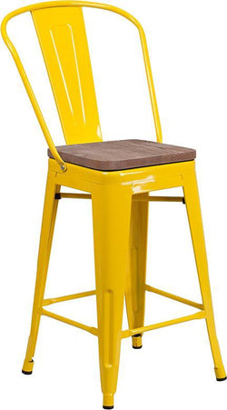 24" High Yellow Metal Counter Height Stool with Back and Wood Seat