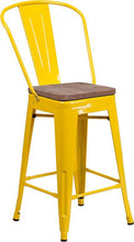 Load image into Gallery viewer, 24&quot; High Yellow Metal Counter Height Stool with Back and Wood Seat
