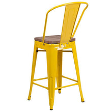 Load image into Gallery viewer, 24&quot; High Yellow Metal Counter Height Stool with Back and Wood Seat