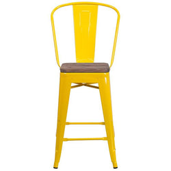 24" High Yellow Metal Counter Height Stool with Back and Wood Seat - Front
