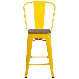 24" High Yellow Metal Counter Height Stool with Back and Wood Seat