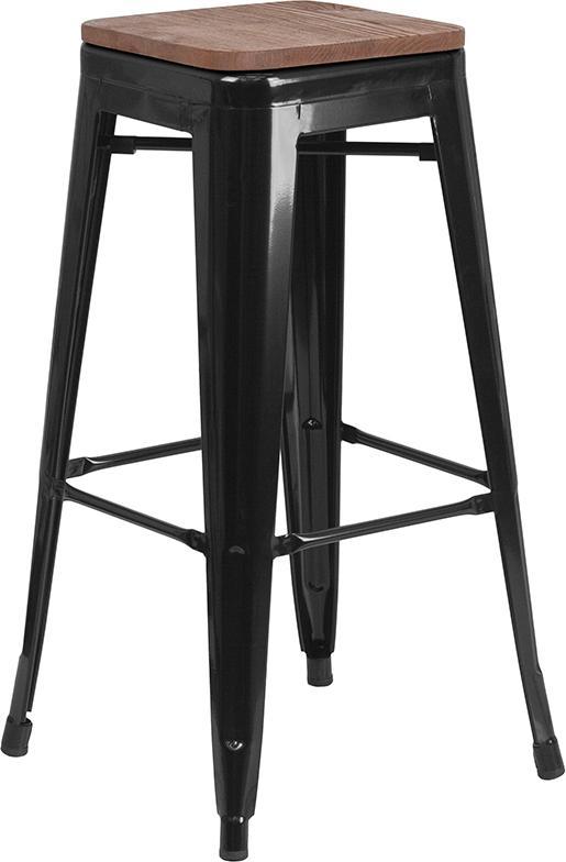 30" High Backless Black Metal Barstool with Square Wood Seat