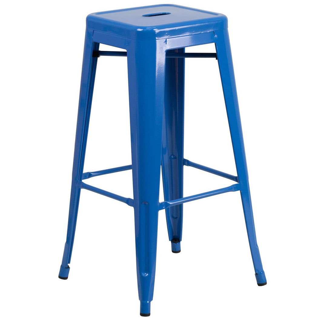 30'' High Backless Blue Metal Indoor-Outdoor Barstool with Square Seat