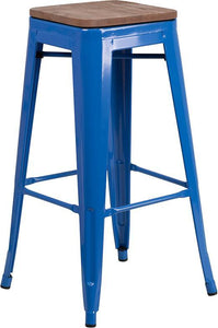 30" High Backless Blue Metal Barstool with Square Wood Seat